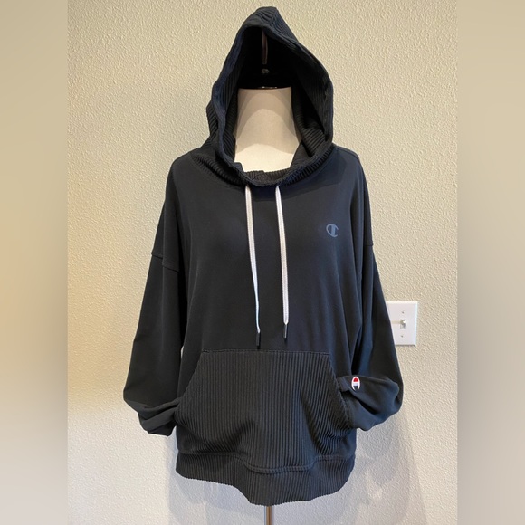 Champion Super soft fleece rib knit Hoodie Black Logo on sleeve Sz Medium - Picture 4 of 10
